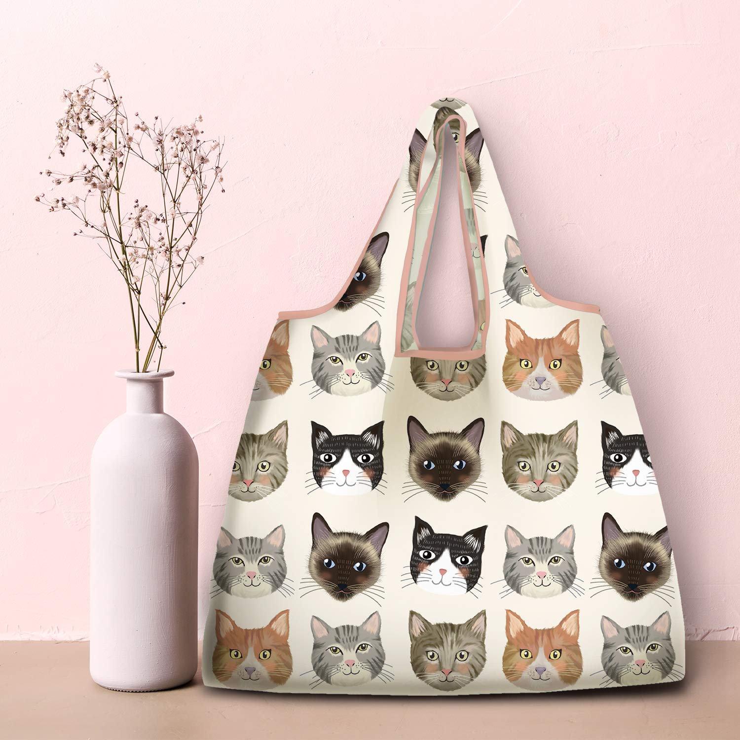Nymphfable 6 Pack Grocery Bags Reusable Cute Cat Animal Shopping Bags Washable Foldable Waterproof Eco Friendly 50Lbs